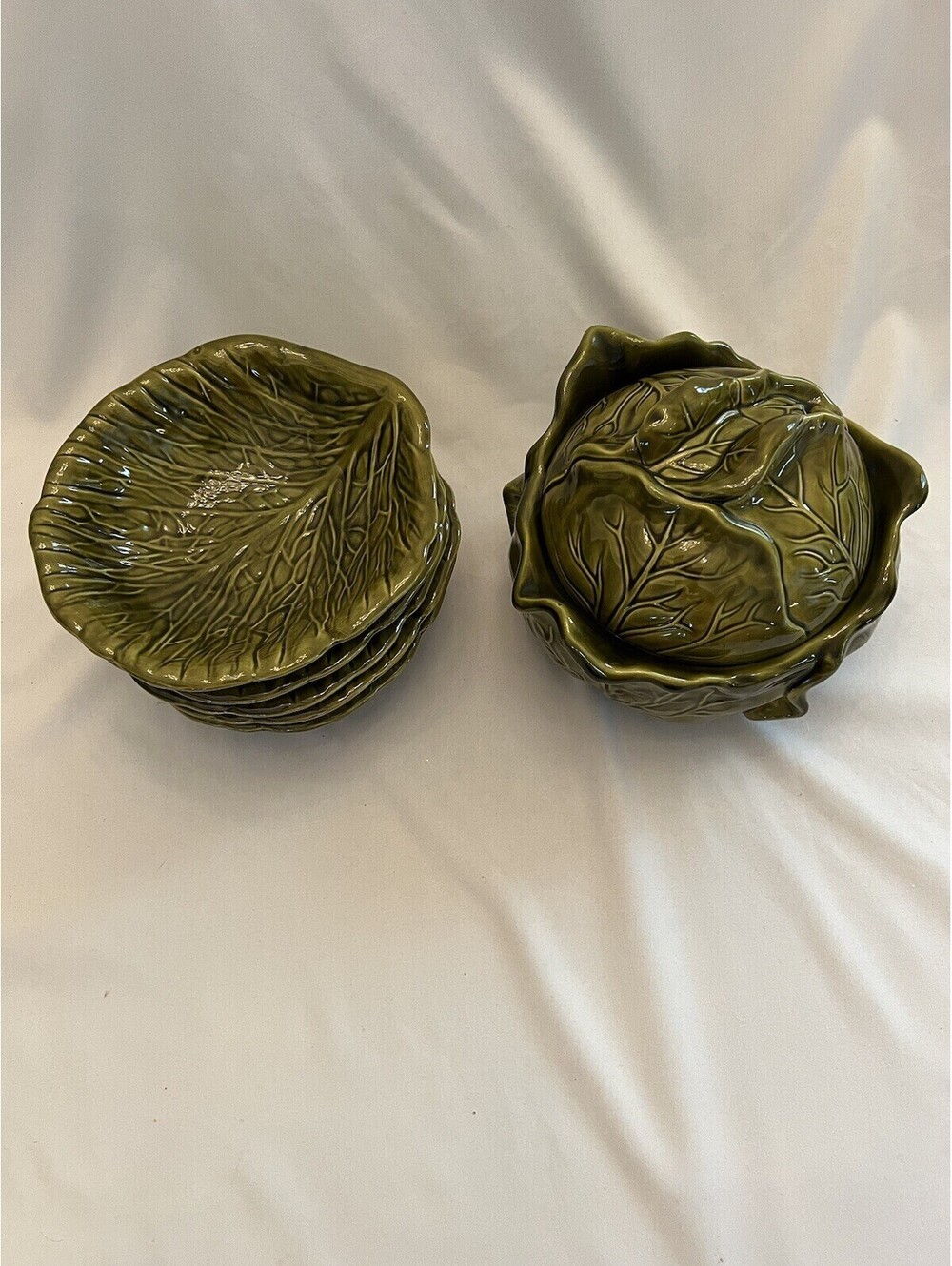 Vintage 1971 Holland Mold Green Cabbage Shaped Tureen with Bowls